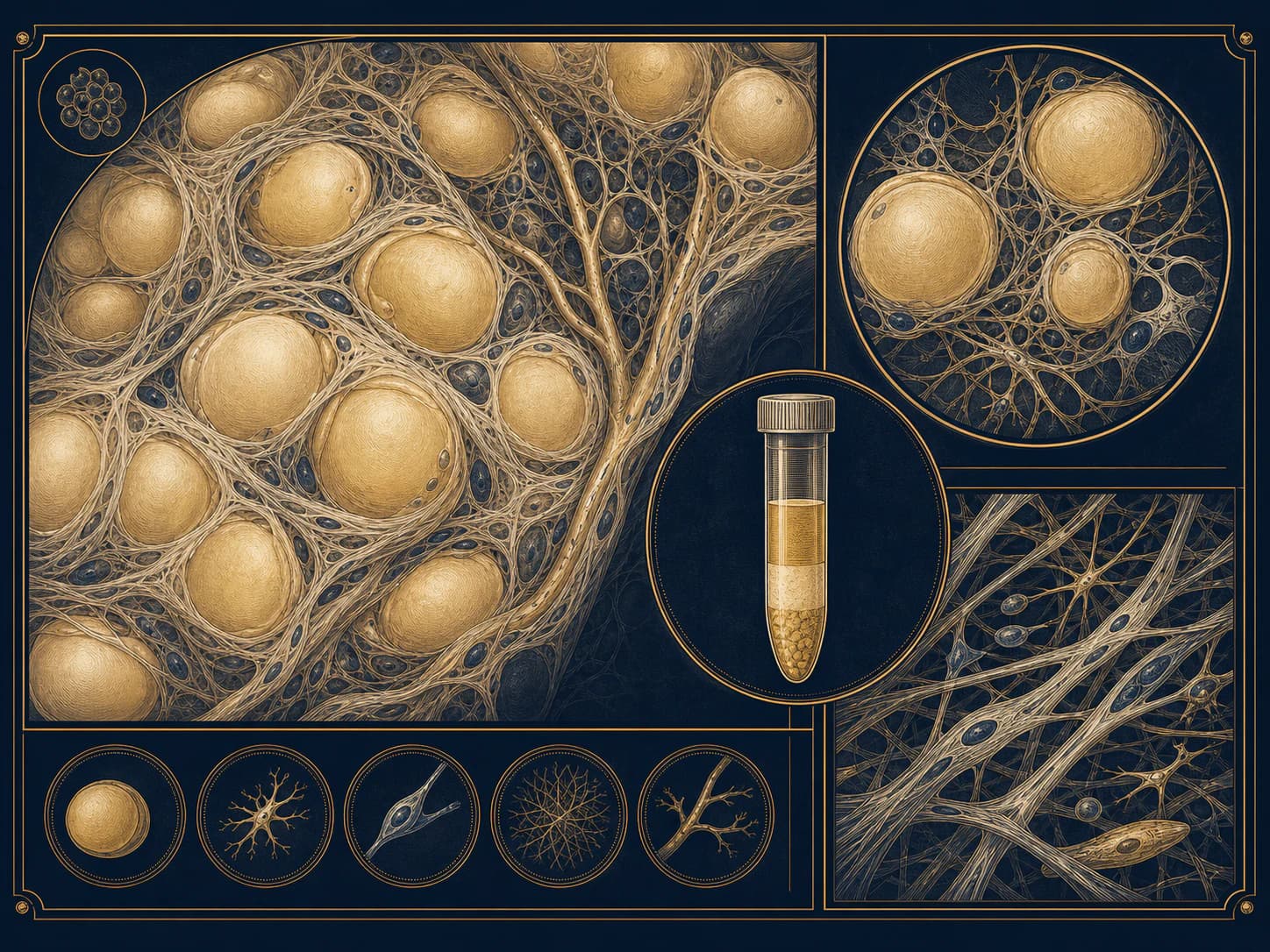 alloClae brings donor adipose tissue into the body-contouring conversation. Editorial adipose-tissue illustration with cells, connective matrix and a vial representing donor adipose-allograft research; not a patient result