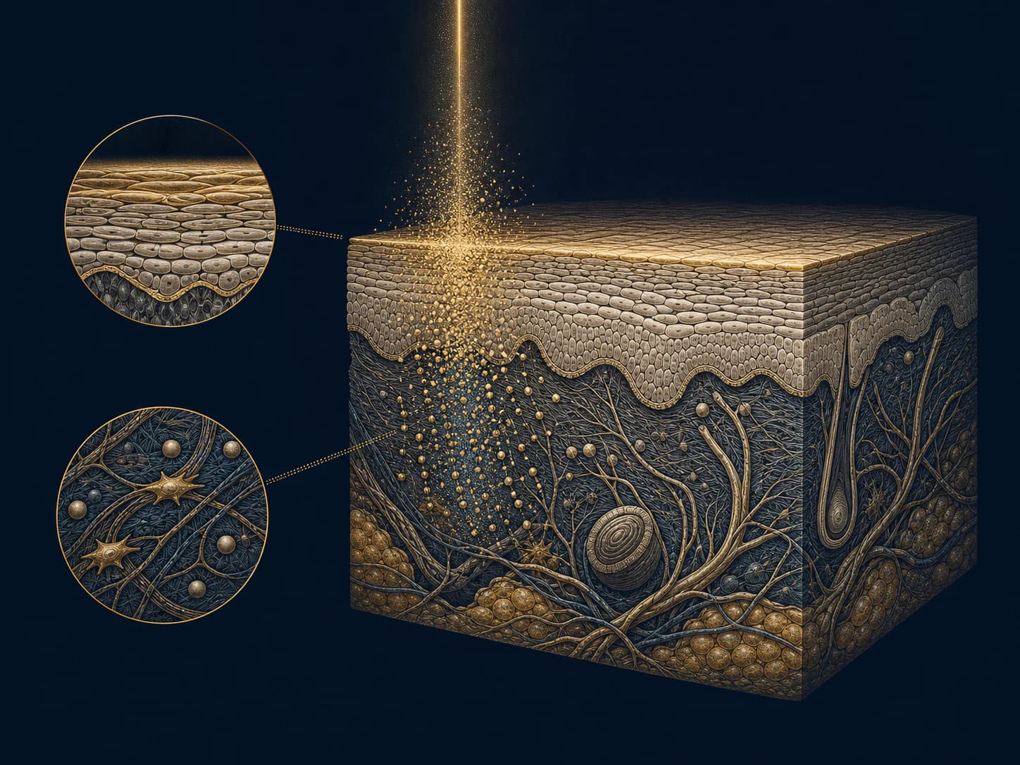 A split-face trial suggests adjunct skincare may improve some picosecond-laser photoaging outcomes. Editorial cutaway illustration of picosecond laser energy meeting skin layers with cellular insets; not a patient result