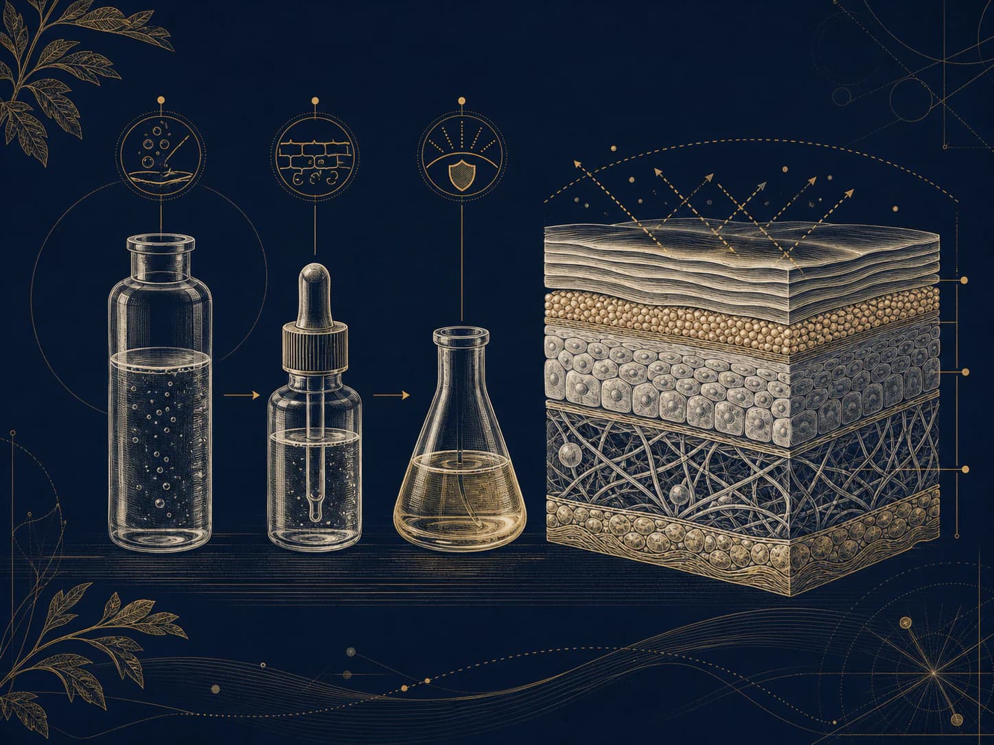 The post-procedure shelf is expanding beyond a basic moisturizer. Editorial still life of skin-care bottles beside a layered skin model representing post-procedure support; not product packaging or a patient result