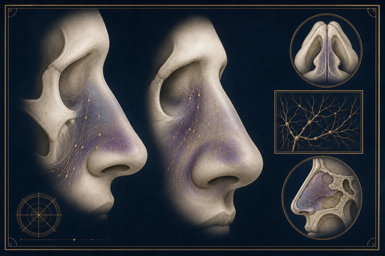 Topical tranexamic acid may reduce early bruising and swelling after rhinoplasty. Editorial medical illustration of paired nasal profiles with nasal anatomy insets representing rhinoplasty recovery research; not a patient result