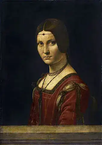 A study in brow position, proportion and expression Renaissance portrait of a woman in a jeweled headband centered against a dark background