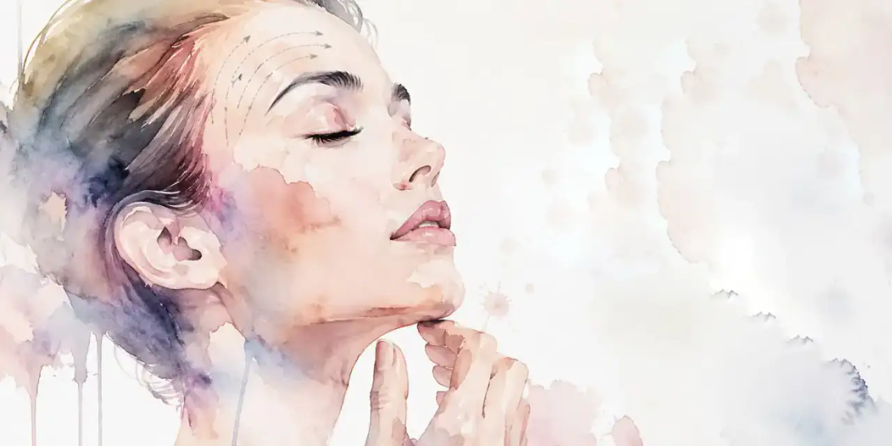 A watercolor study of elevation and restraint Delicate watercolor profile of a woman with closed eyes and subtle directional marks along the brow and forehead