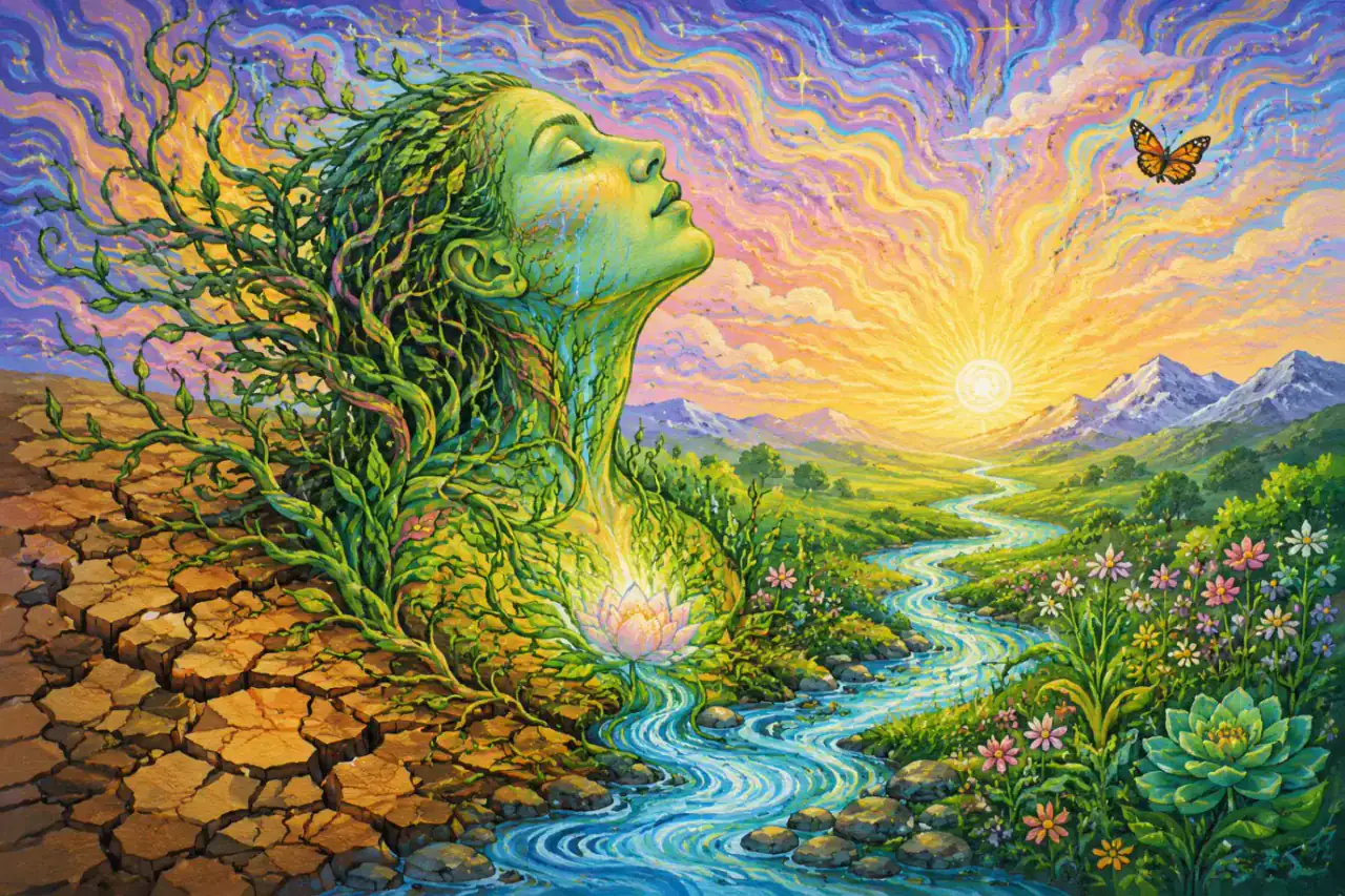 Healing as renewal, movement and return Color-rich painting of a woman emerging from dry earth toward a flowing river, flowers and sunrise