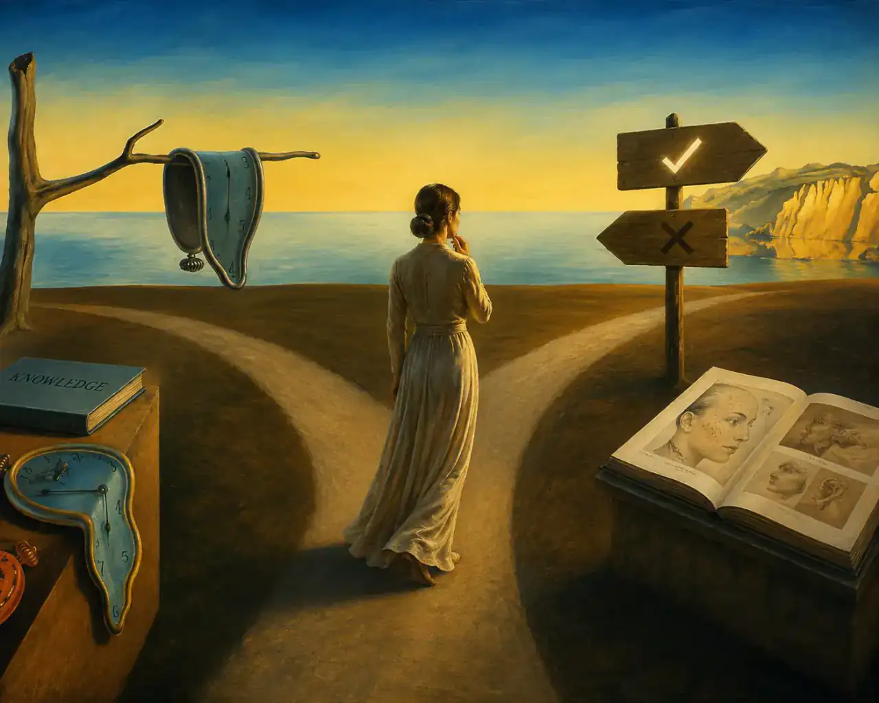 A decision made with time, knowledge and perspective Surreal painting of a woman at a crossroads beside books, clocks and signs representing informed choices