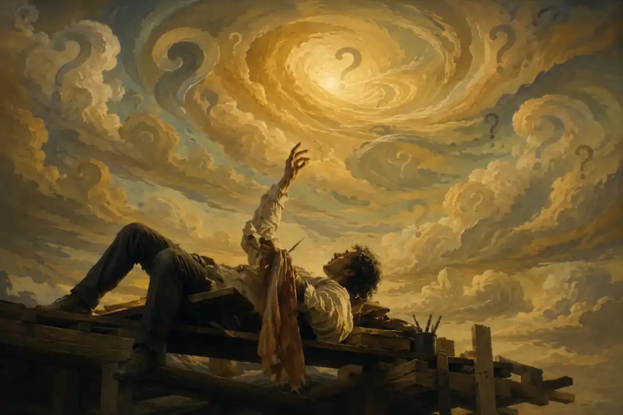 Questions illuminate the path forward Painterly figure reaching toward a luminous sky filled with question marks
