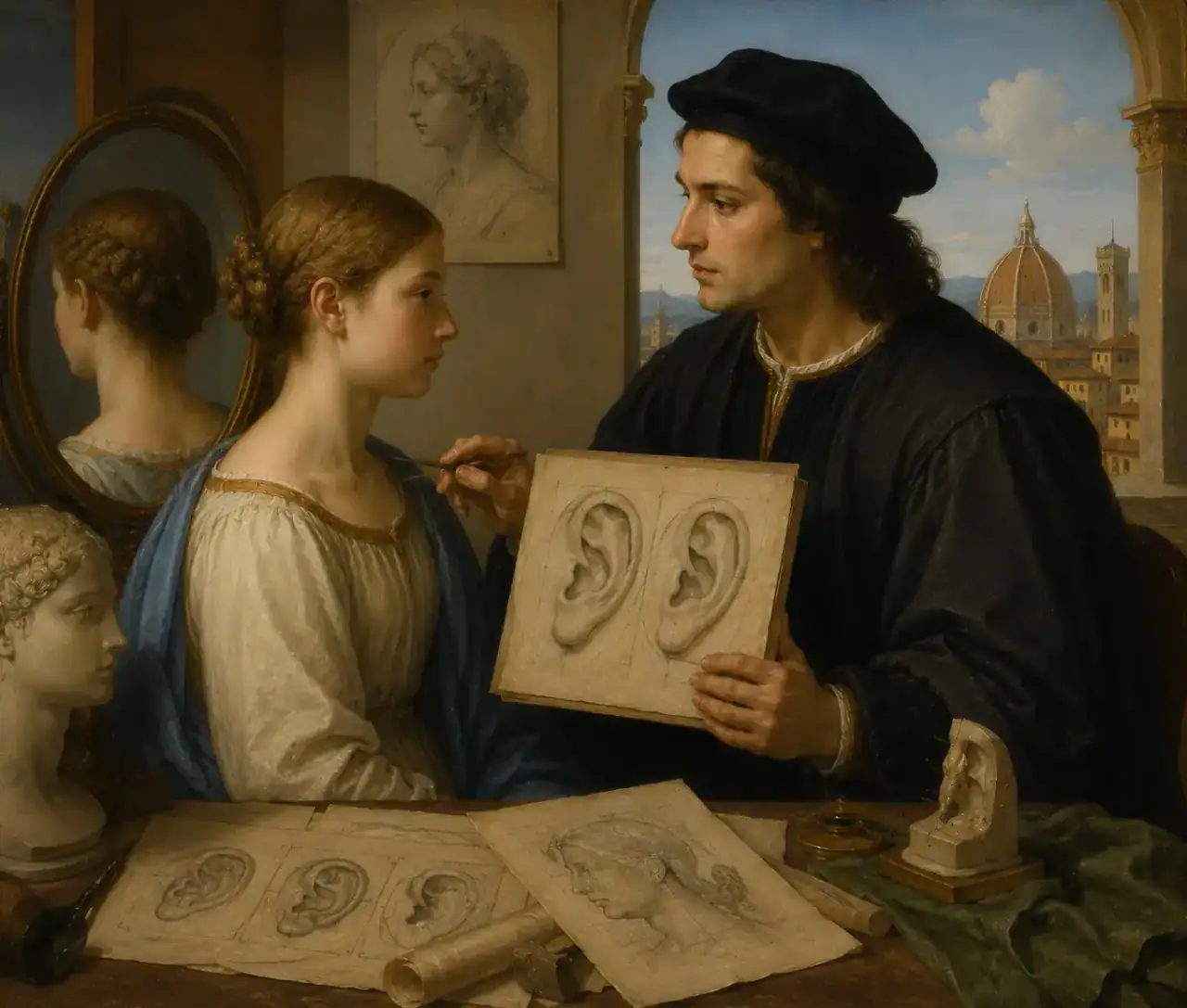 Preparation begins with observation from every angle Renaissance-inspired consultation scene of a surgeon comparing ear anatomy studies with a patient beside a mirror
