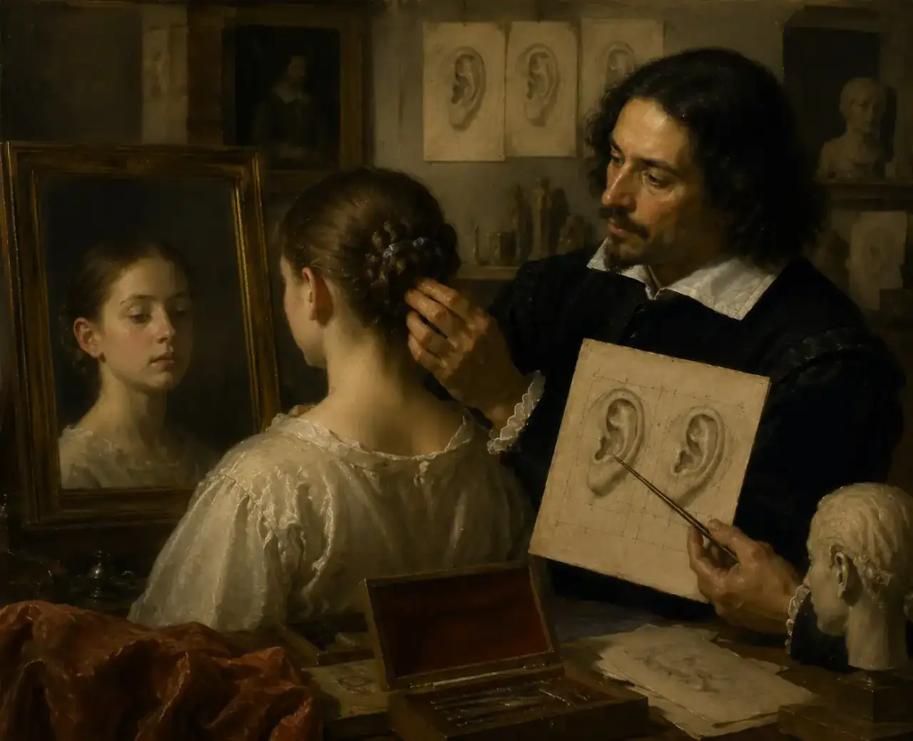 Technique follows the cartilage pattern Baroque-inspired surgical planning scene showing multiple ear forms and a surgeon examining the back of a patient's ear