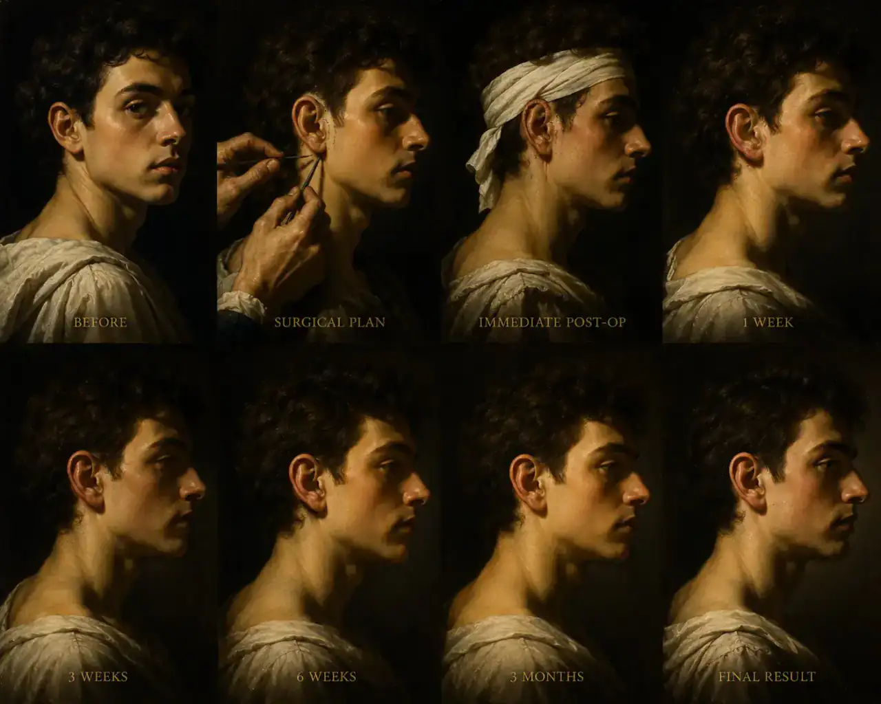 Healing is a sequence Classical portrait sequence showing otoplasty planning, immediate dressing and progressive healing through the final result