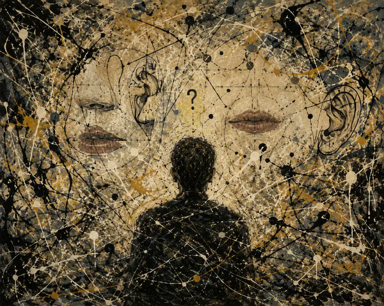 An informed decision organizes complexity Abstract black, cream and gold painting of a figure surrounded by ear studies, facial proportions and question marks