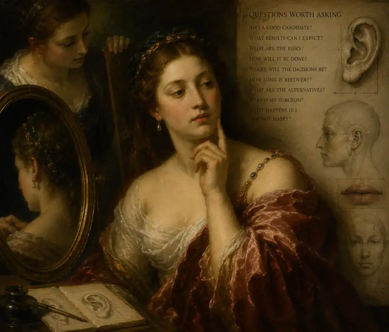 Questions worth asking before otoplasty Classical painting of a woman considering questions about otoplasty beside ear and facial anatomy studies