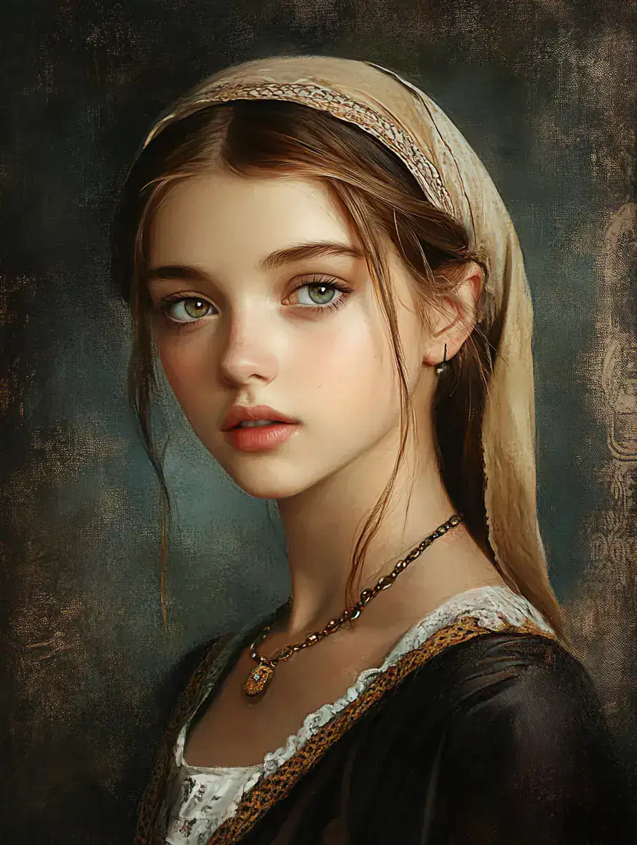 A study in light, gaze and individual expression Classical-style portrait of a young woman with luminous eyes, centered in a dark painterly setting