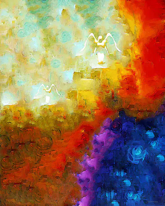 Healing as light, color and gradual emergence Color-rich abstract painting with two luminous winged figures emerging through fields of gold, red, violet and blue
