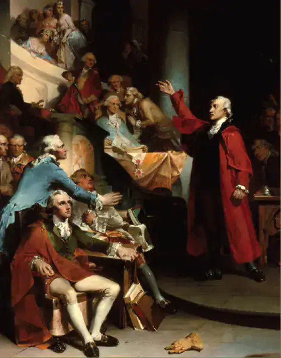 An informed decision begins with a clear voice Historical painting of an eighteenth-century orator addressing an attentive assembly