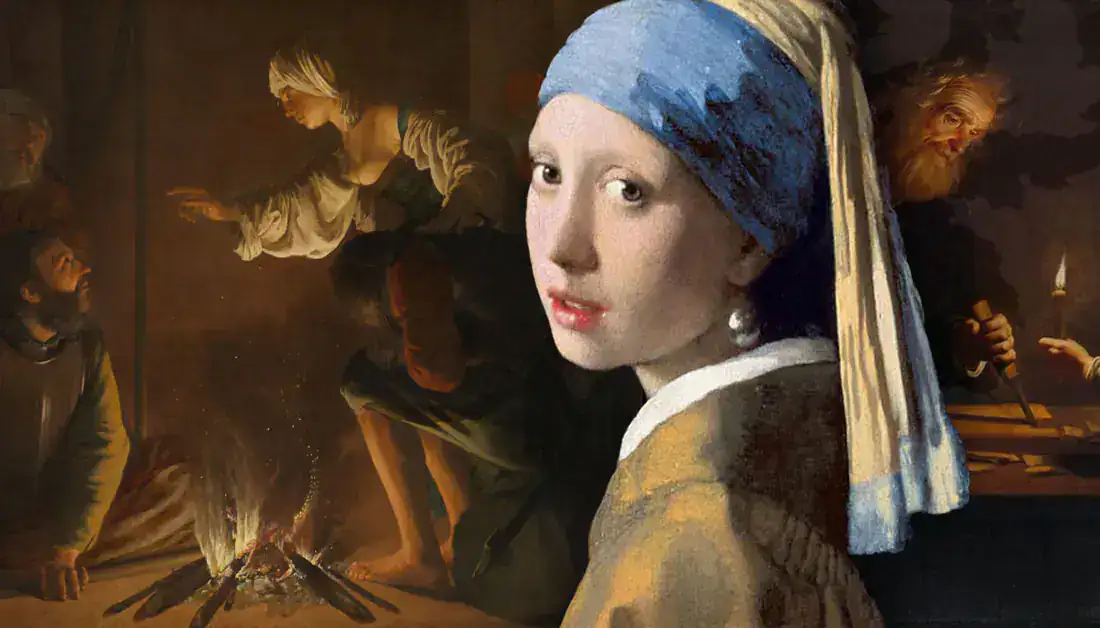 The gaze, preserved within the whole composition Painterly composition centered on a luminous young woman in a blue headscarf with figures gathered in warm candlelight behind her