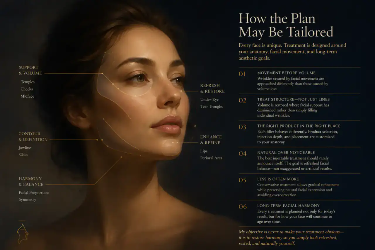 Lip Architecture in New York City — Dagan MD Dark blue and gold injectables planning study including proportionate lip, chin, and facial contour zones; not an actual patient result