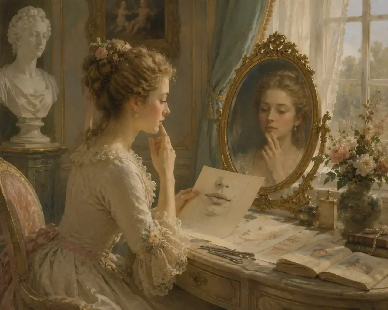 Preparation begins with careful self-observation Classical-style painting of a woman examining her lips in an ornate mirror while holding a facial proportion study