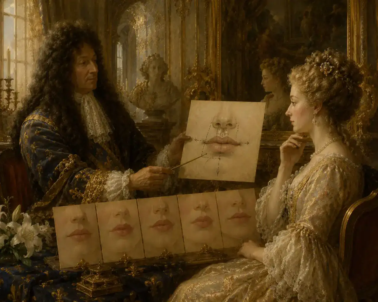 Reduction is tailored to proportion, not a template Baroque-inspired consultation scene showing several lip proportions and anatomical planning lines