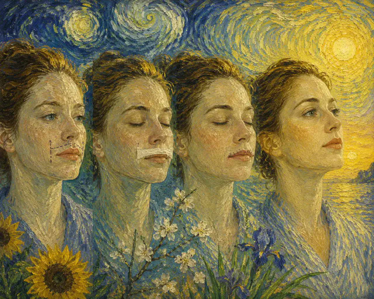 Healing is a sequence, not a single moment Impressionist sequence showing planning marks, early dressing, sutures and a healed natural lip contour beneath a changing sky