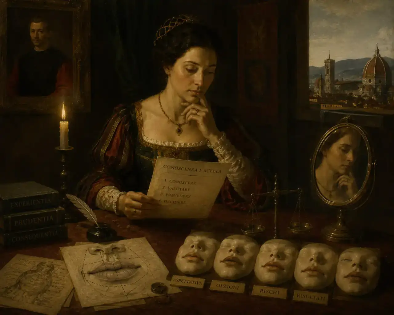 Knowledge gives weight to a decision Renaissance-inspired painting of a woman weighing experience, consequences, expectations, options, risks and results