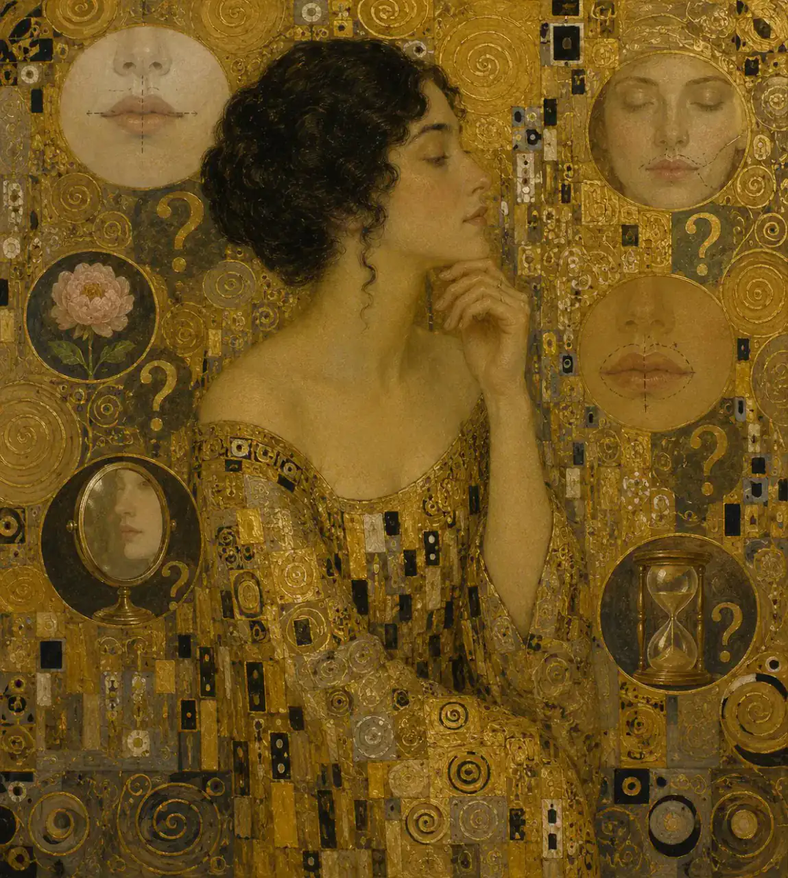 Questions place the individual at the center Gold mosaic-style portrait surrounded by lip studies, mirrors, an hourglass and question marks