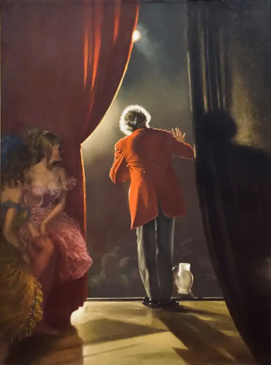The art of a discreet reveal A theatrical painting of a performer framed by red stage curtains