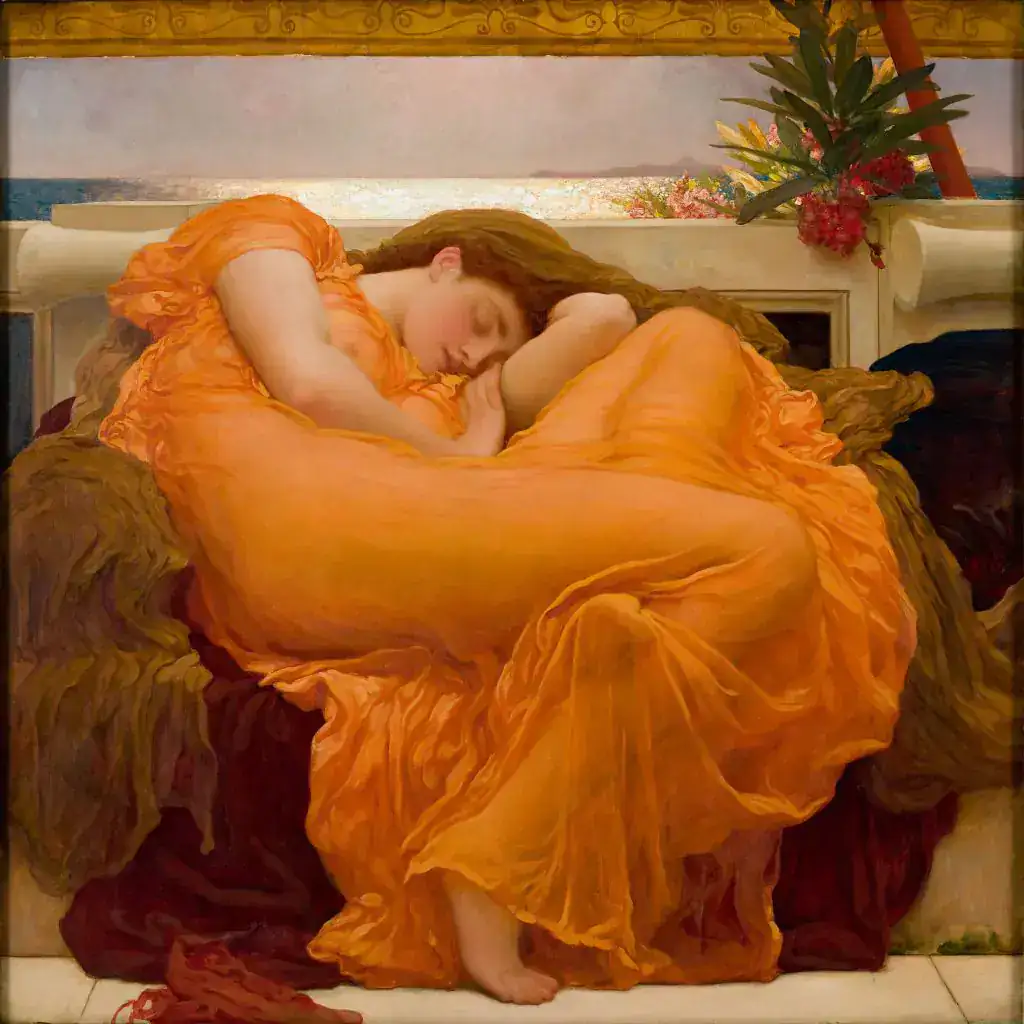 Rest, patience and recovery A classical painting of a reclining figure asleep in a flowing orange dress