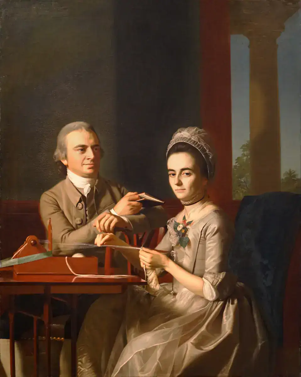 Careful work and attentive partnership An eighteenth-century portrait of a seated couple working with thread and papers