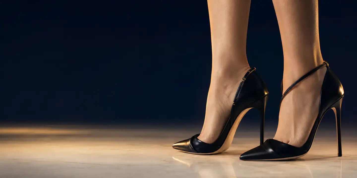Stiletto Lift™ in New York City - Dagan MD Elegant black stiletto shoes photographed against the Dagan MD midnight-blue and gold studio palette