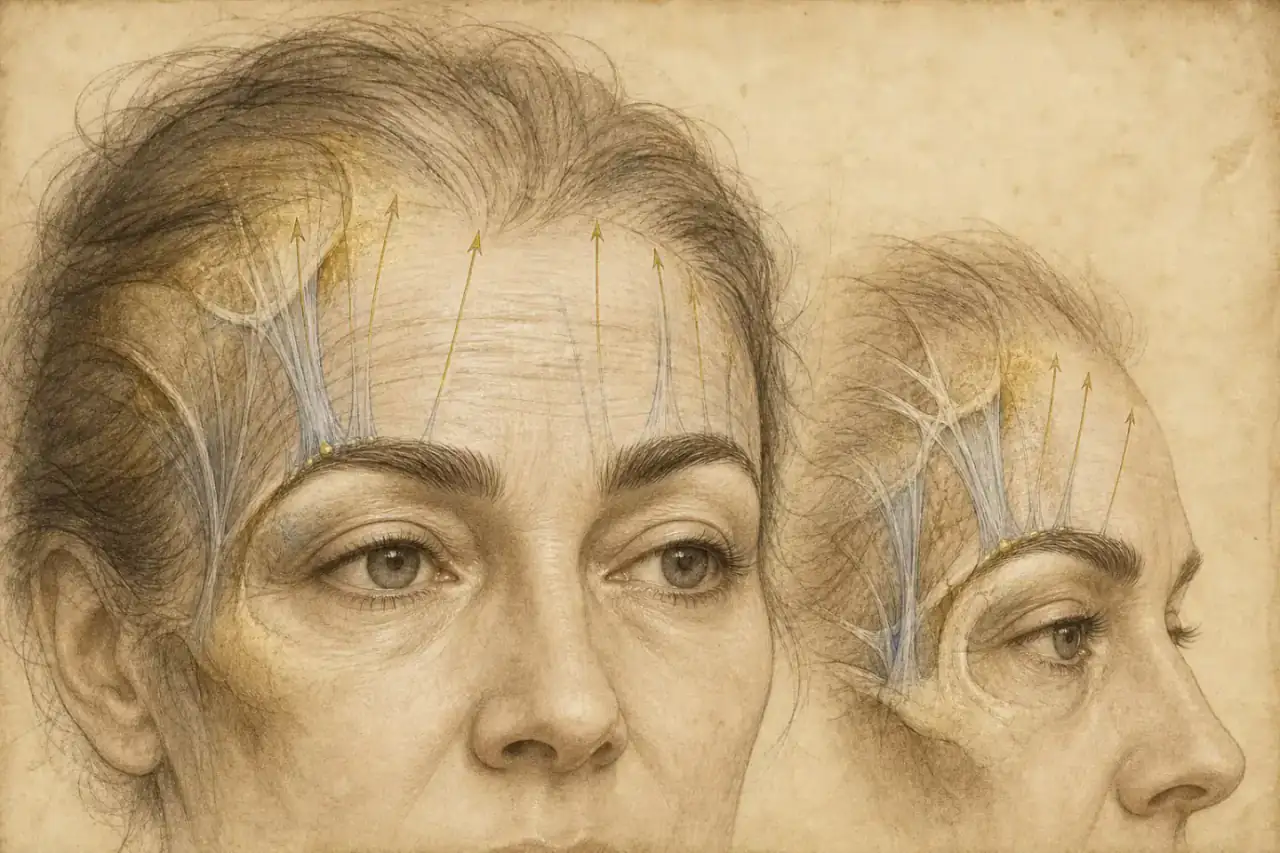 Brow Lift study · forehead support and natural expression Renaissance-style brow lift anatomy illustration showing forehead support and expression-preserving elevation
