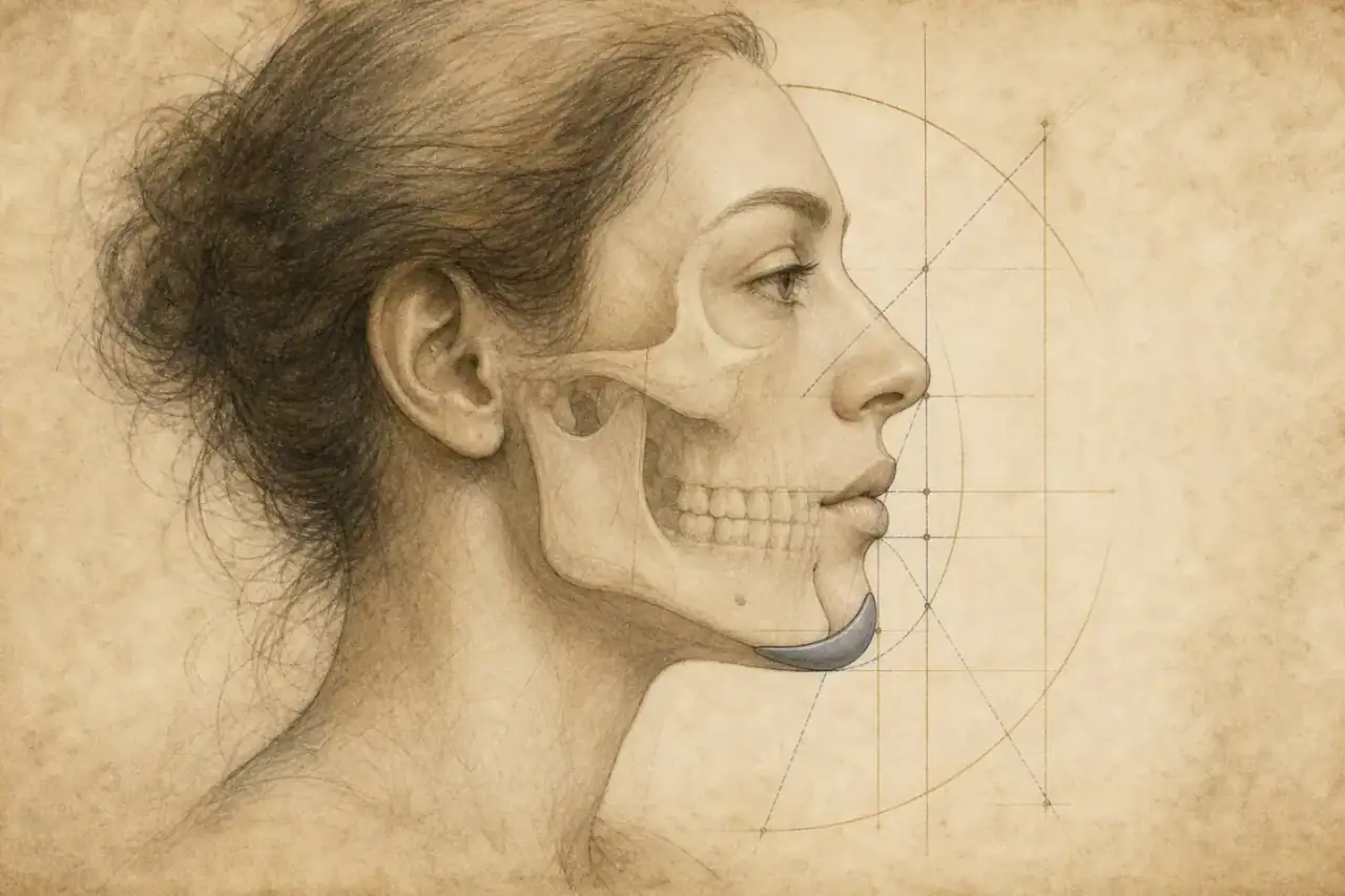 The Vitruvian Man · Leonardo da Vinci · Gallerie dell’Accademia, Venice · public domain Renaissance-style chin implant anatomy illustration showing lower-face skeleton, profile balance and implant position