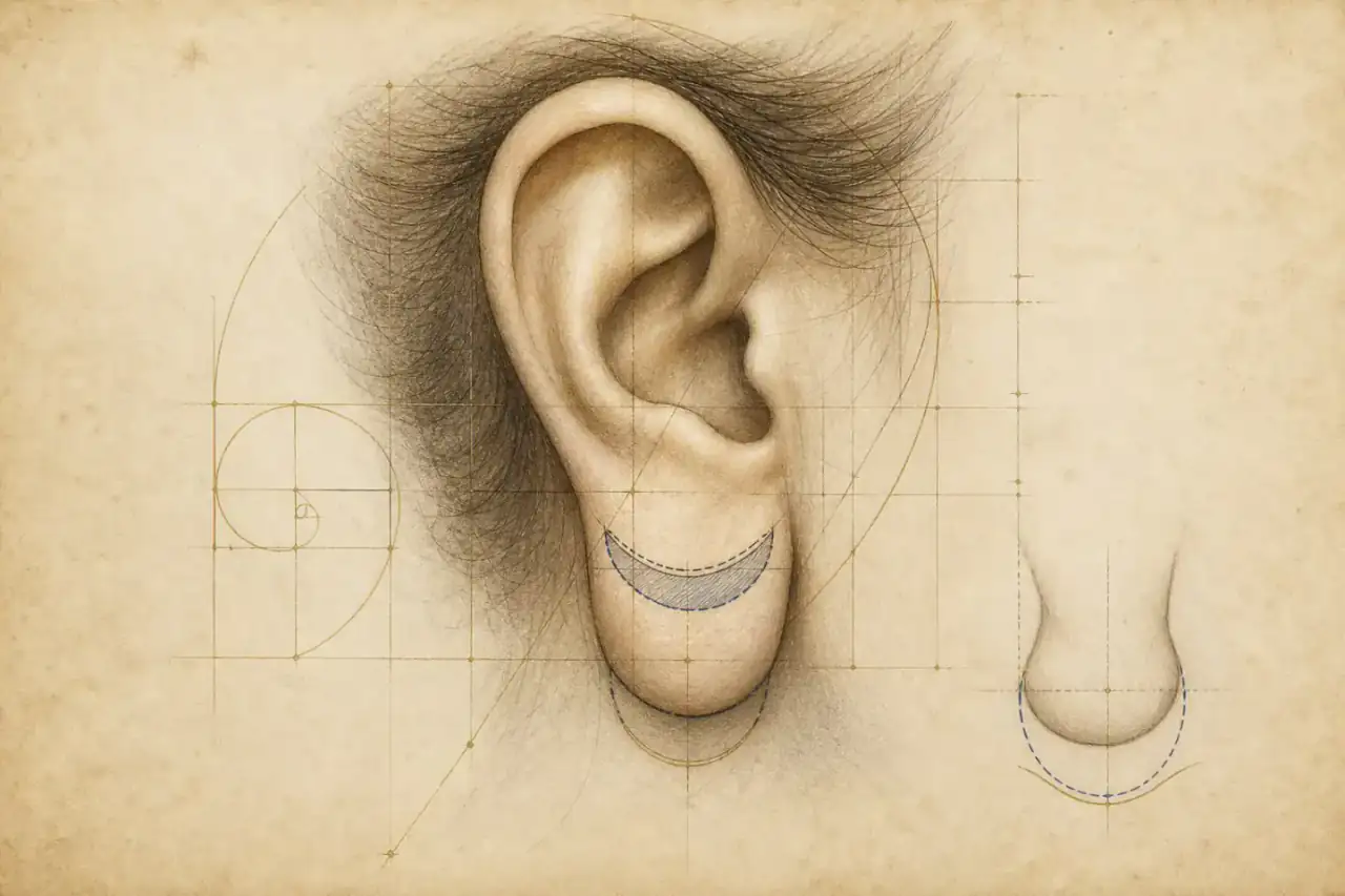 The Vitruvian Man · Leonardo da Vinci · Gallerie dell’Accademia, Venice · public domain Renaissance-style earlobe reduction illustration showing size, shape and proportional contour planning