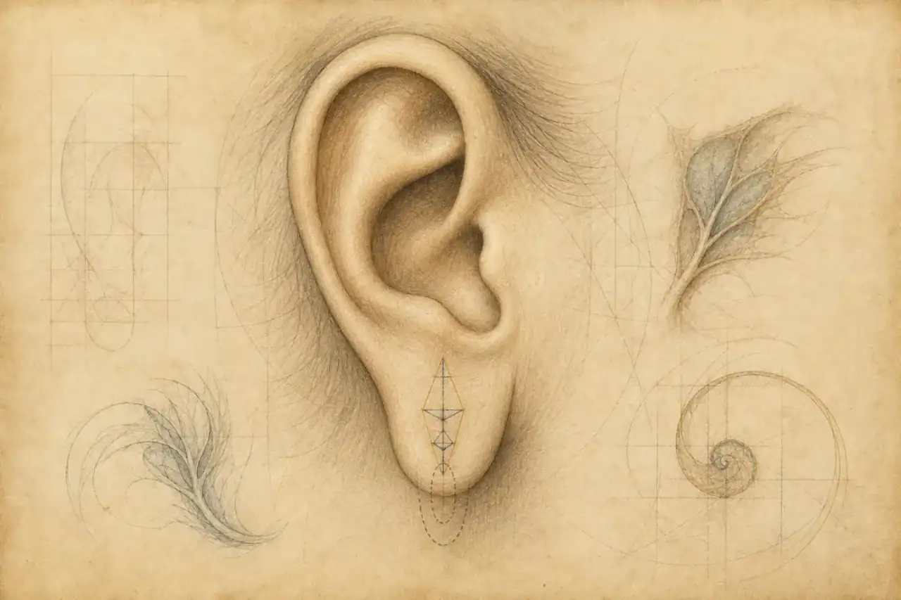 The Vitruvian Man · Leonardo da Vinci · Gallerie dell’Accademia, Venice · public domain Renaissance-style earlobe repair illustration showing stretched piercing tract and structural closure planning