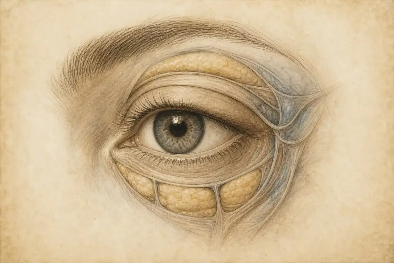 Eyelid Lift study · crease, support and conservative contour Renaissance-style eyelid lift anatomy illustration showing eyelid crease, orbital support and fat compartments