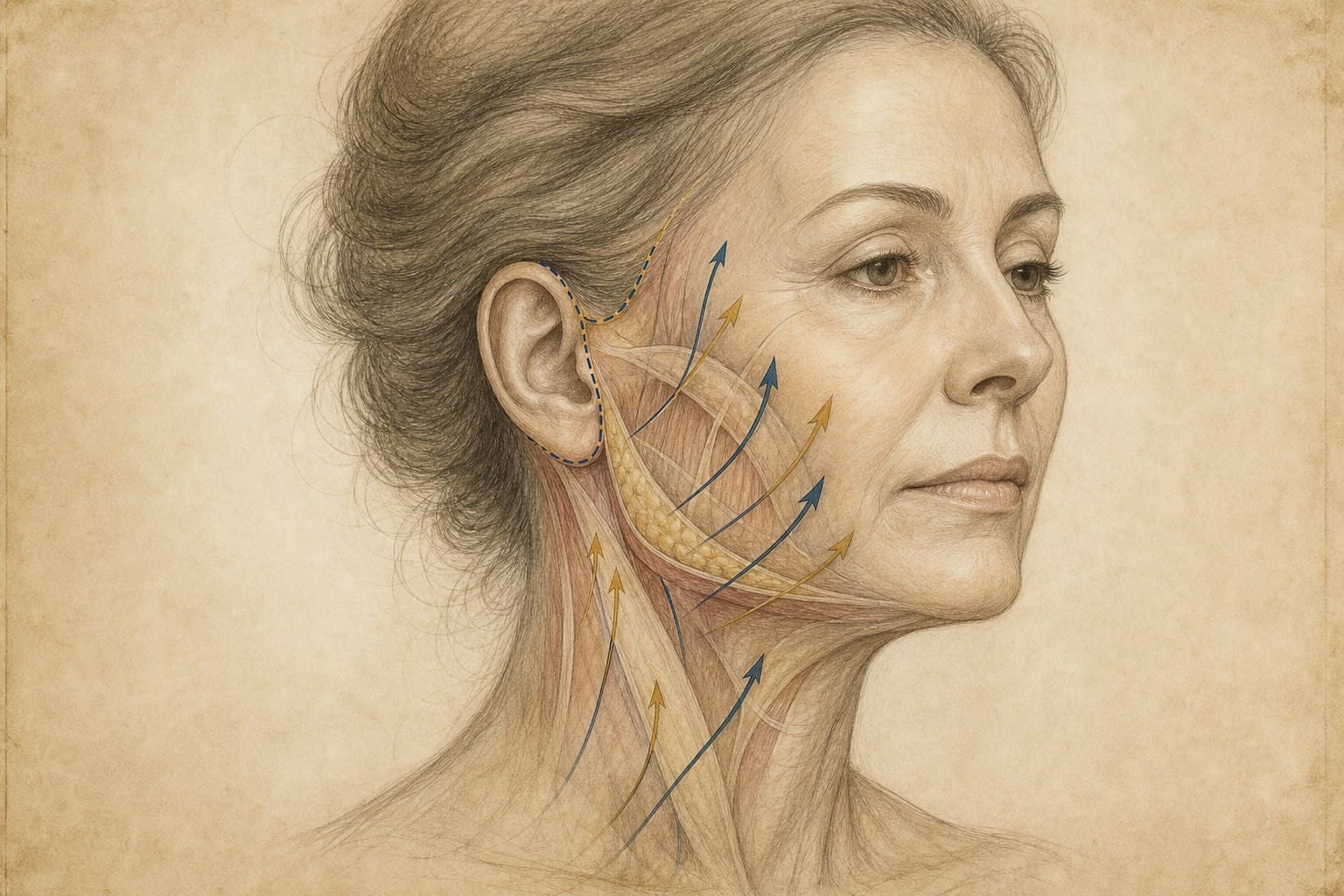 The modern facelift conversation is moving from tighter to more precise. Renaissance-style Seamless Facelift anatomy study representing precise structural rejuvenation; not an actual patient result
