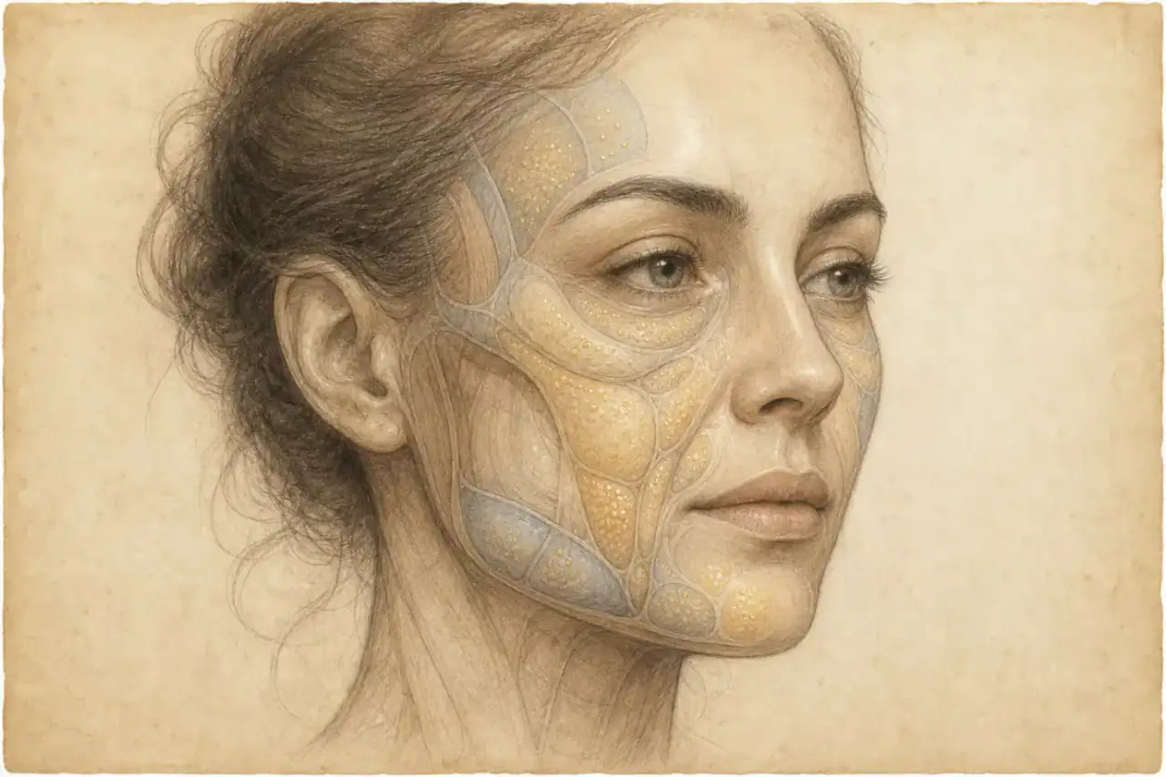 The Vitruvian Man · Leonardo da Vinci · Gallerie dell’Accademia, Venice · public domain Renaissance-style facial fat transfer illustration showing three-dimensional facial volume compartments