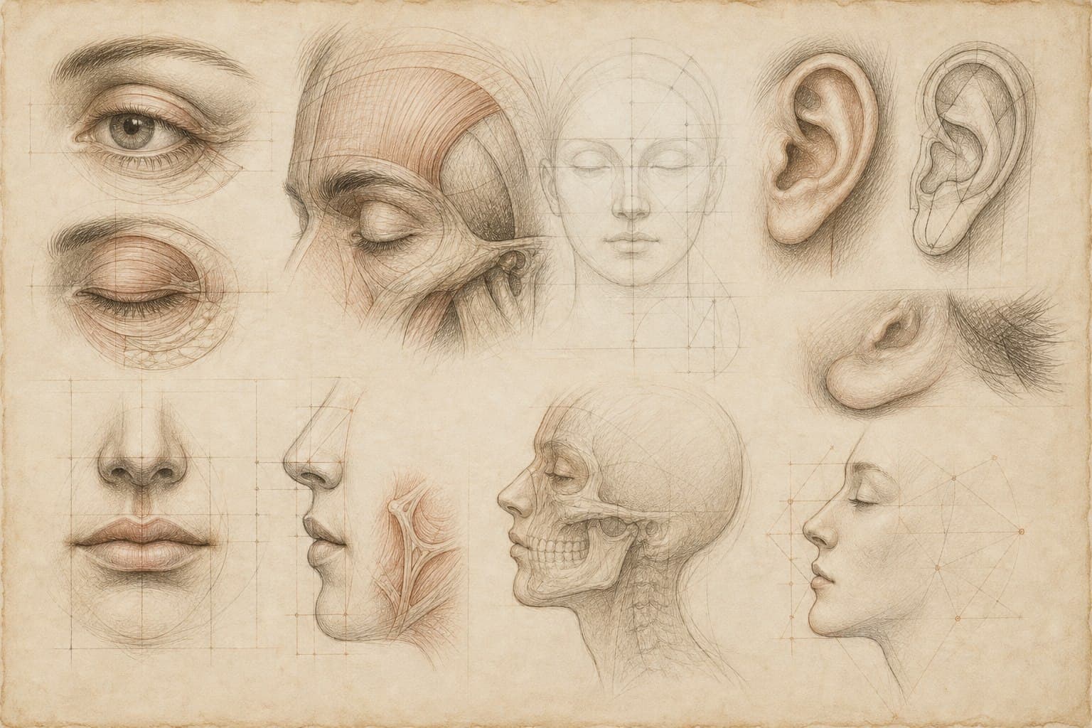 Natural-looking preservation continues to shape facial plastic surgery. Renaissance-style facial-proportion study representing identity-preserving aesthetic planning; not an actual patient result