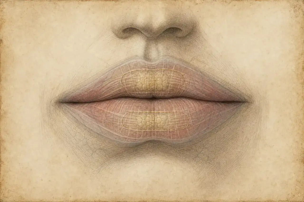 Lip Reduction study · internal layers and balanced volume Renaissance-style lip reduction anatomy illustration showing internal lip layers and conservative volume zones