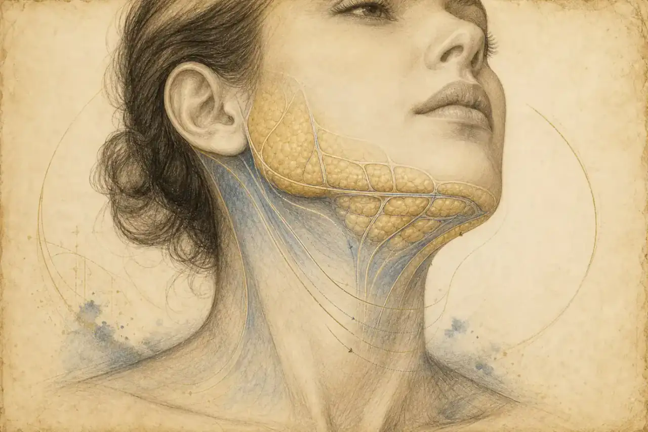 The Vitruvian Man · Leonardo da Vinci · Gallerie dell’Accademia, Venice · public domain Renaissance-style face and neck liposculpture illustration showing submental fat compartments and contour pathways