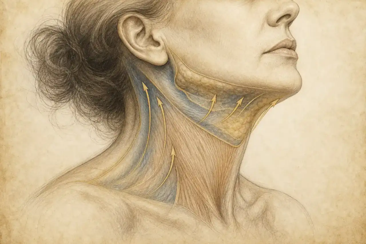 Neck Lift study · platysma, soft tissue and jawline Renaissance-style neck lift anatomy illustration showing platysma, submental tissue and jaw-neck contour