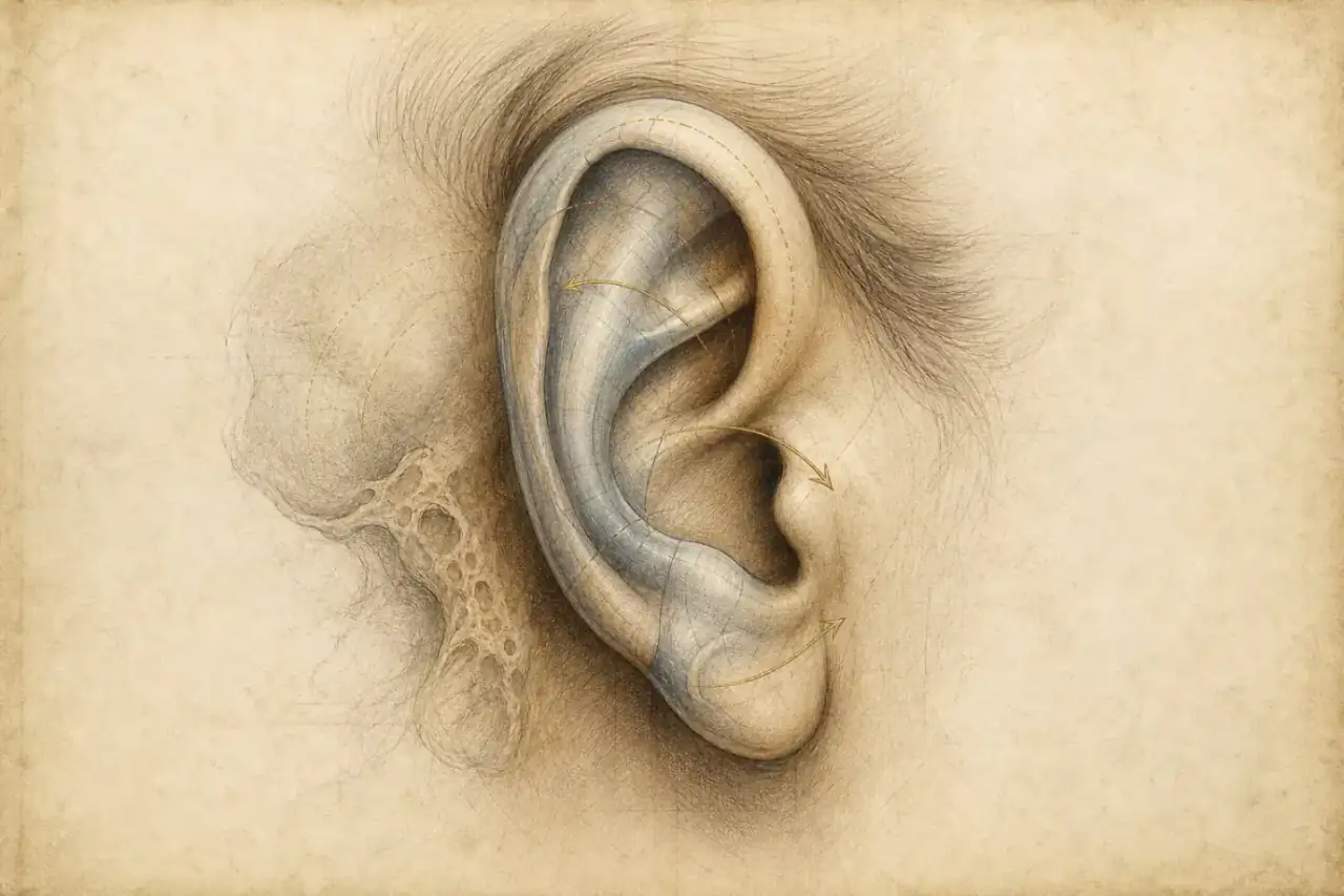 Otoplasty study · cartilage folds and natural proportion Renaissance-style otoplasty anatomy illustration showing antihelical fold, conchal bowl and ear cartilage