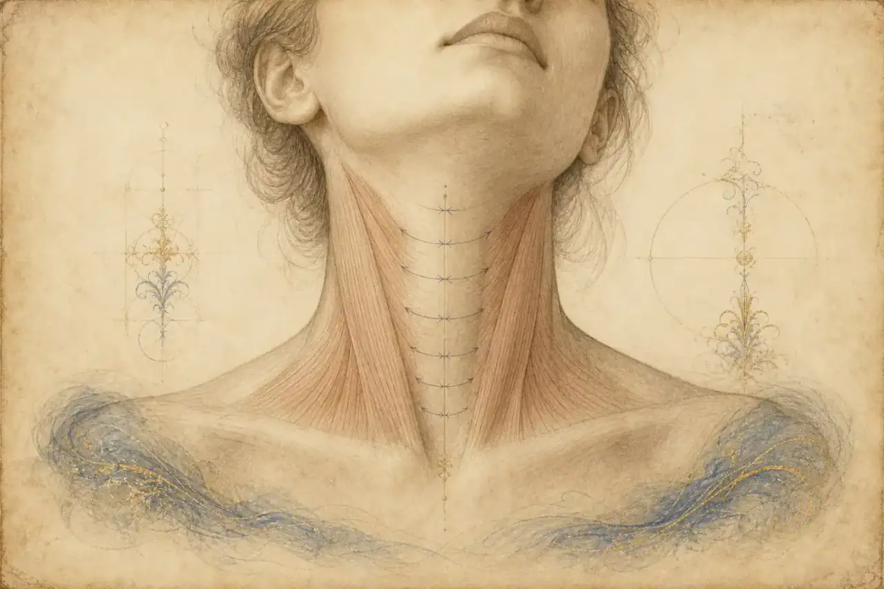 The Vitruvian Man · Leonardo da Vinci · Gallerie dell’Accademia, Venice · public domain Renaissance-style platysmoplasty illustration showing paired platysma muscles and central neck-band repair