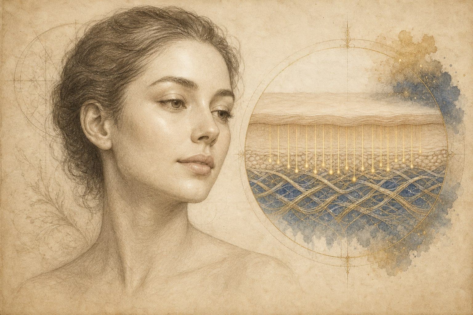 Radiofrequency microneedling matched CO2 laser scar improvement with less downtime. Renaissance-style skin-layer study representing microneedling and acne-scar resurfacing planning; not an actual patient result