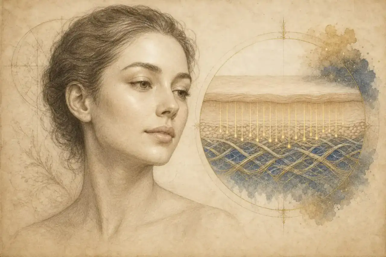 The Vitruvian Man · Leonardo da Vinci · Gallerie dell’Accademia, Venice · public domain Renaissance-style PRP microneedling illustration showing controlled skin stimulation and collagen renewal