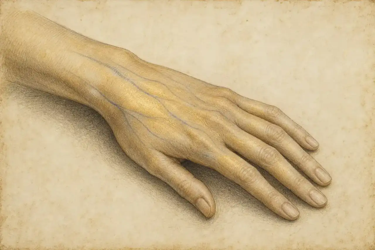 The Vitruvian Man · Leonardo da Vinci · Gallerie dell’Accademia, Venice · public domain Renaissance-style Radiesse® hand rejuvenation illustration showing dorsal hand contour, tendons and veins