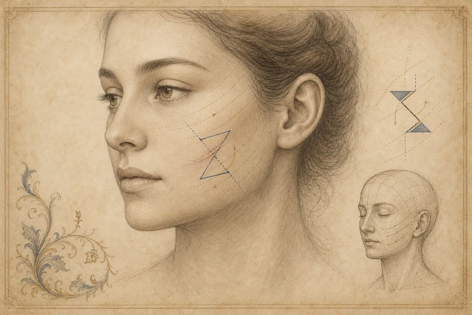Botulinum toxin is being studied more seriously as an early scar-modulation tool. Renaissance-style scar-revision study showing skin tension lines and early scar-planning concepts; not an actual patient result