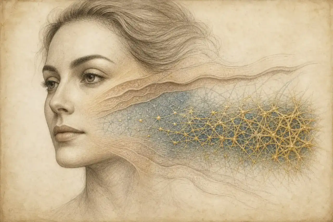The Vitruvian Man · Leonardo da Vinci · Gallerie dell’Accademia, Venice · public domain Renaissance-style Sculptra® rejuvenation illustration showing gradual collagen lattice development