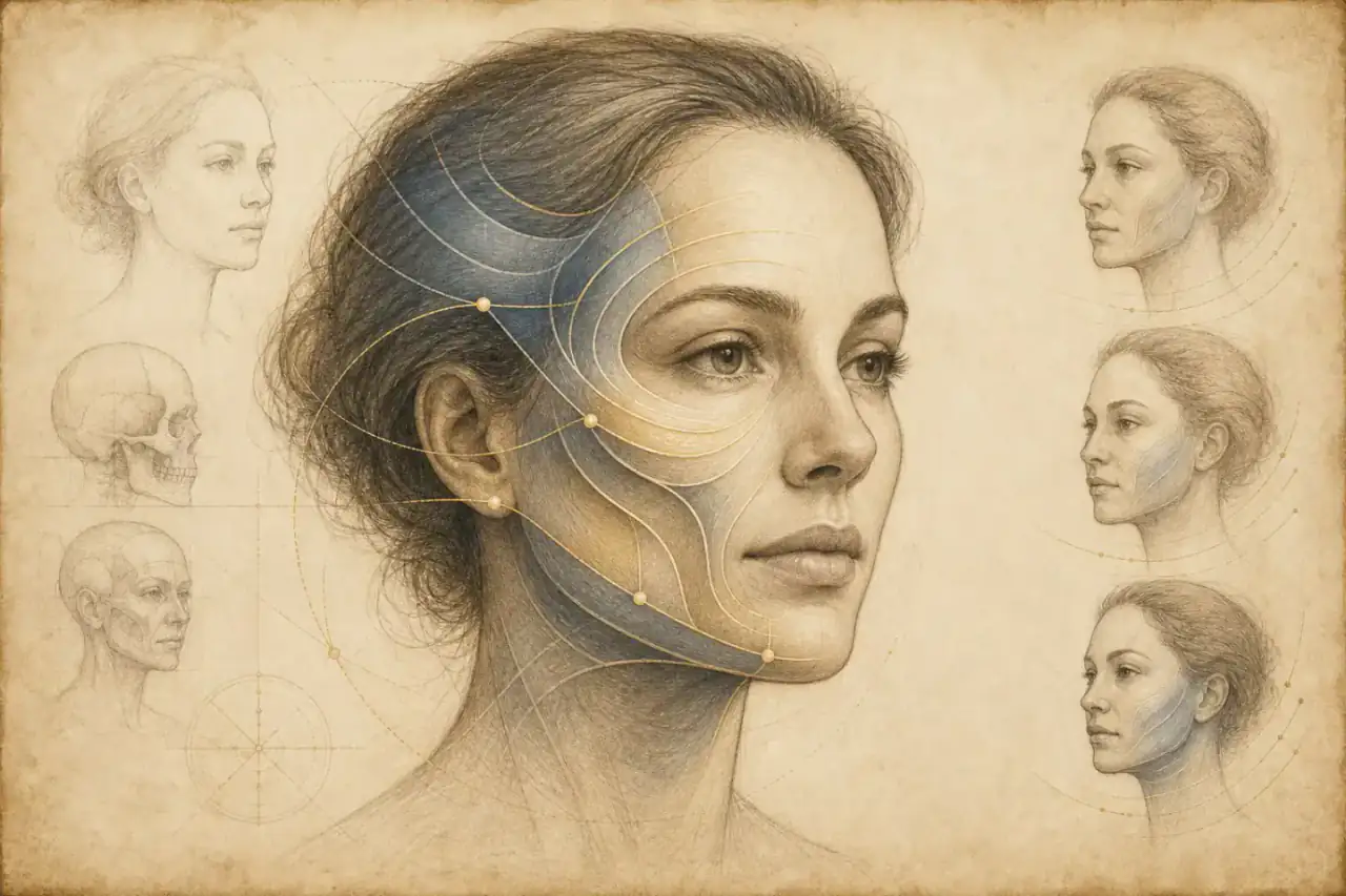 The Vitruvian Man · Leonardo da Vinci · Gallerie dell’Accademia, Venice · public domain Renaissance-style Sculptra® facial revolumization illustration showing connected facial support zones