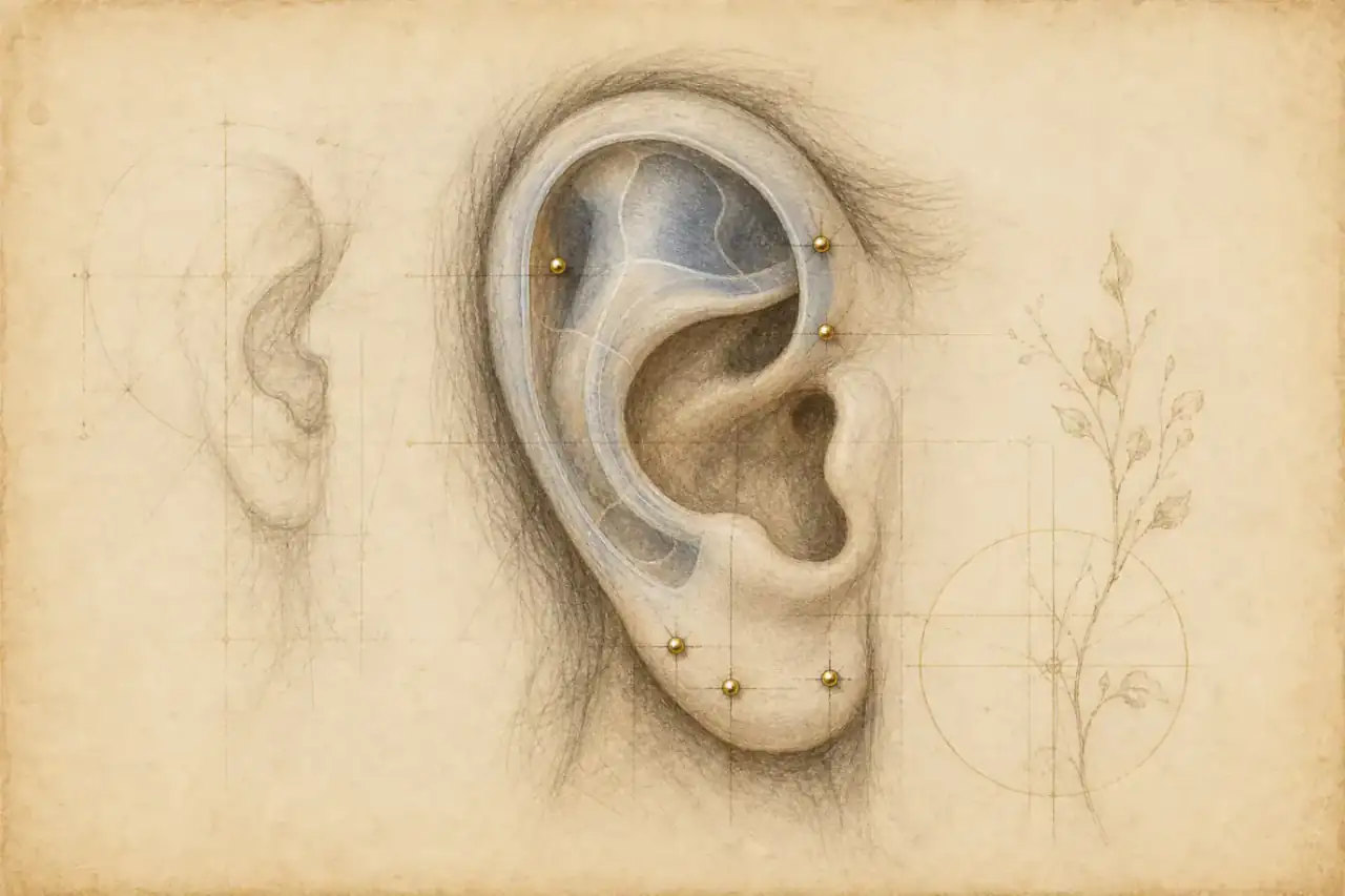 The Vitruvian Man · Leonardo da Vinci · Gallerie dell’Accademia, Venice · public domain Renaissance-style surgical ear piercing illustration showing anatomy-led placement and spacing